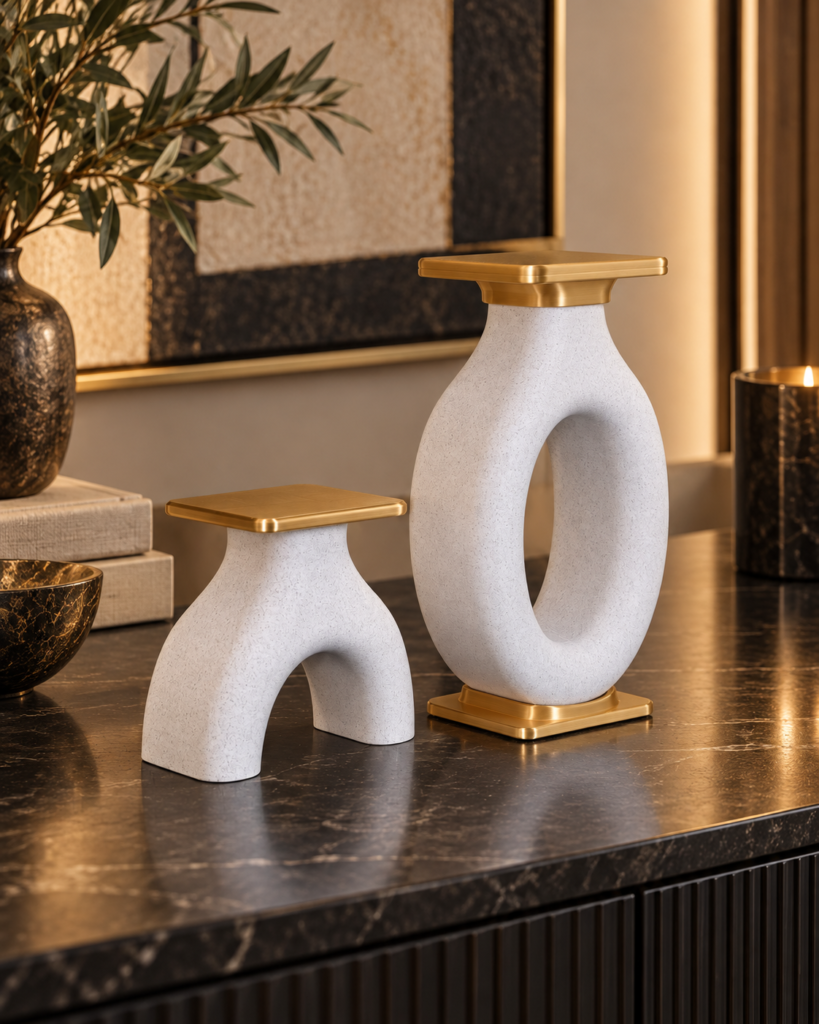 Elara Arch set of two white and gold 3D-printed sculptural decor pieces