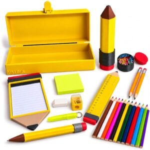 Yellow VALQIA 3D printed pencil-shaped school supply set