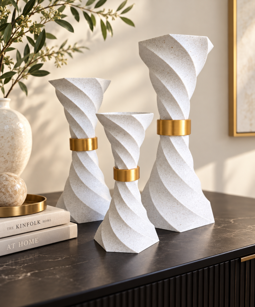 Aurelia Twist set of three 3D-printed marble and gold sculptural vases
